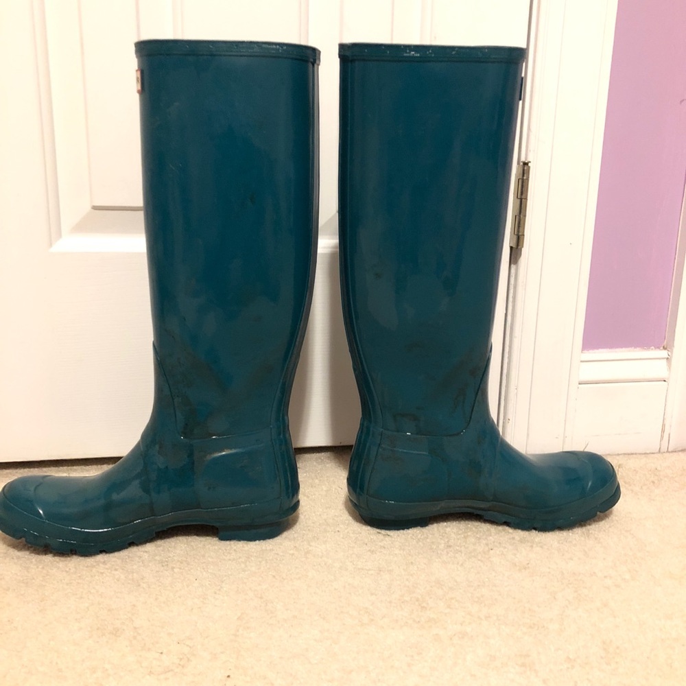 Tall Teal Glossy Hunter Rain Boots Size 7